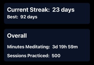 Screen grab from Timeless meditation app on iOS. Current Streak: 23 Days. Best 92 Days. Sessions: 500
