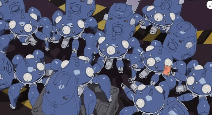 From Ghost in the Shell Stand-Alone Complex, a screenshot full of Tachikoma robot tanks having an animated philosophical conversation in a big cluster.